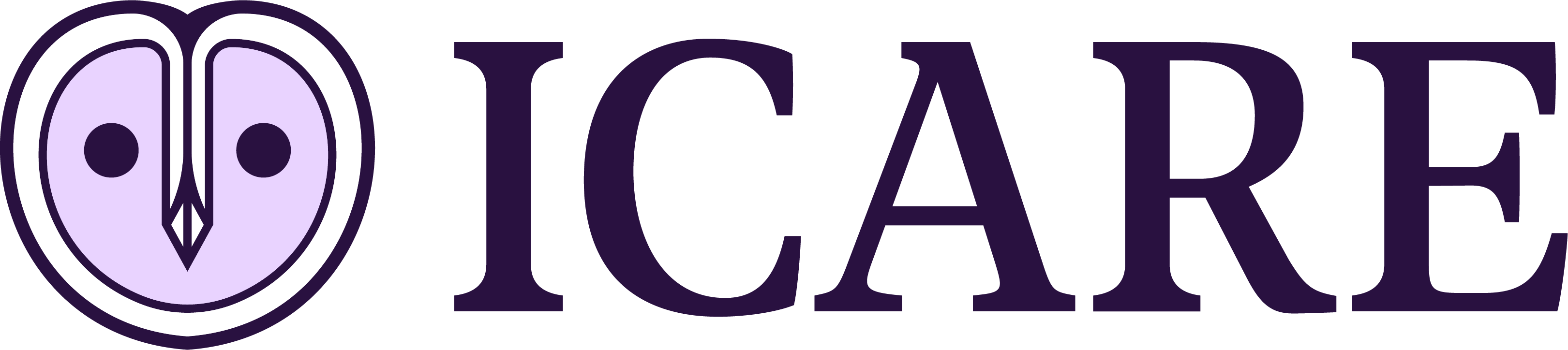 Professional logo of the International Centre for Animal Rights and Ethics (ICARE), featuring the face of a purple barn owl on the left and 'ICARE' in capital letters on the right.